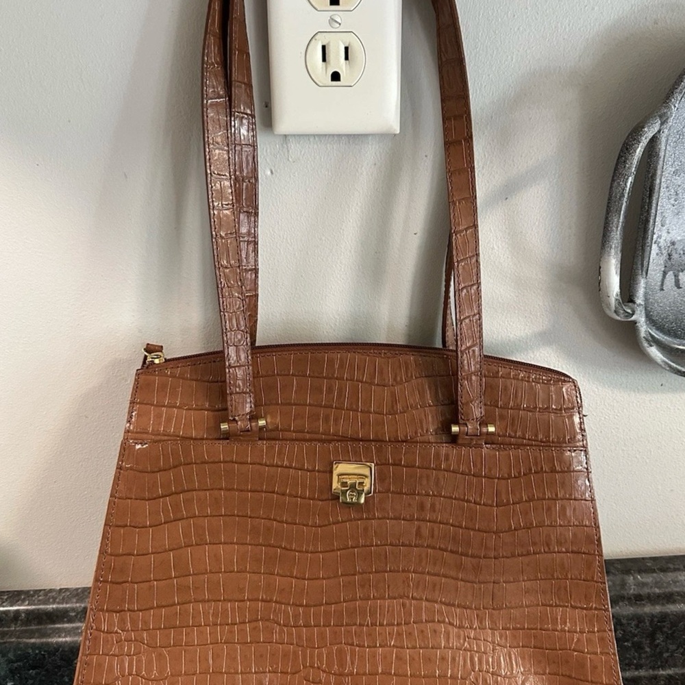 Etienne Aigner Chestnut Brown Crocodile Print Leather Purse
